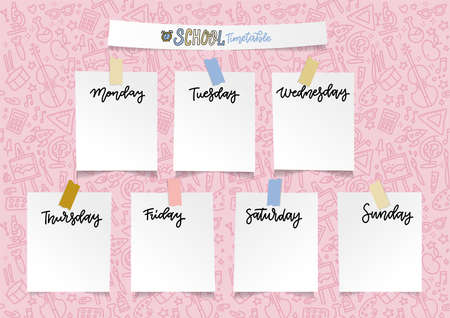 Weekly school planner template for girls. Organizer and schedule with empty sticker Notes. Vector illustration with doodle line pattern. Cute and trendy designのイラスト素材