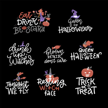 Happy Halloween overlays, lettering labels design set. Trendy holiday badges. Hand drawn isolated emblem with quote and illustrations. Witch party sign or logo. Halloween photo overlays designのイラスト素材