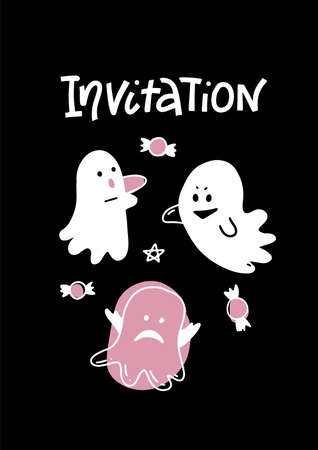 Cute ghosts vector illustration. Halloween greeting card, white characters on black background, empty space for typography, perfect for invitation, flyer or event poster. Lettering text Invitation.のイラスト素材