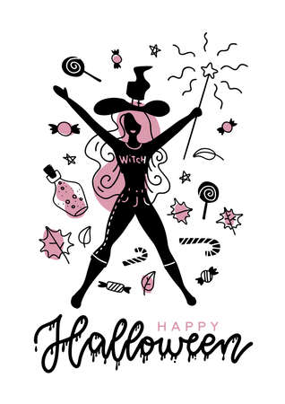 Young happy attractive witch holding a magic wand silhouette, for your Halloween advertise banner and card. Minimalistic trendy design with lettering. A4 size.のイラスト素材
