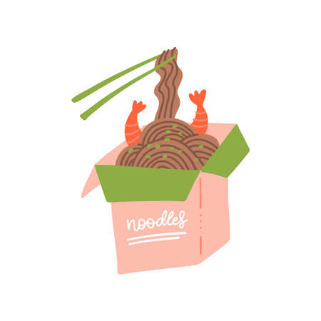 Wok box with shrimps and soba noodles. Traditional asian food. Chinese, Japanese cuisine. Fast food takeout in a box. Minimalistic flat hand drawn design. Isolated on white cartoon illustrationのイラスト素材