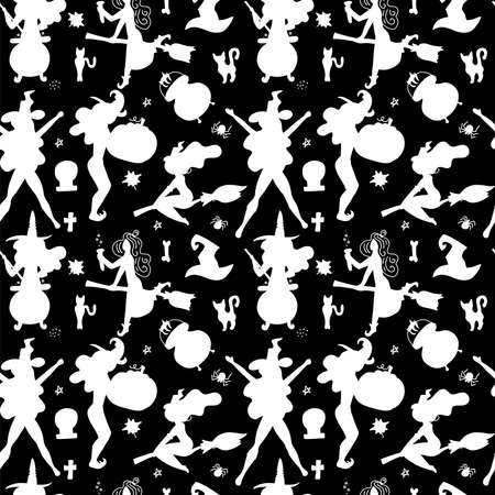 Seamless Pattern, Symbols Halloween Holiday, White witche Silhouettes on black Background. Vector simple flat backdrop.のイラスト素材