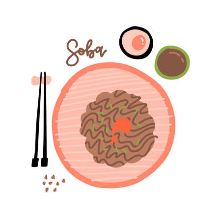 Japanese food soba noodles with shrimp and chopsticks illustration in flat style. Top viewのイラスト素材