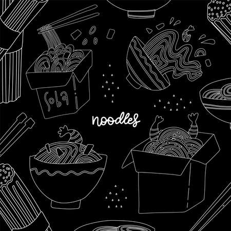 Black and white square banner. Wok noodles in a box and chopsticks. Chinese food. Vector Hand drawn illustration on the blackboard with hand lettering Noodles.のイラスト素材