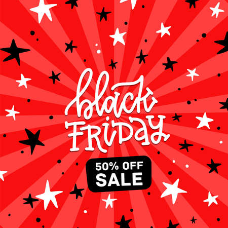 Black friday square banner. 50 percent off sale. Trendy modern poster to advertise your goods. Vector flat illustration with hand lettering on red backgroundのイラスト素材
