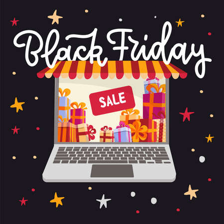 Laptop with awning - Black friday banner concept with lettering text. Gift boxes on the screen.のイラスト素材