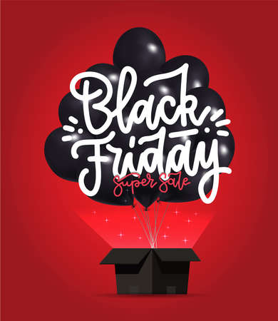 Black Friday Sale Poster with Dark Shiny Balloons Bunch flying from open black box. Vector realistic 3d illustration. Red shiny background with light and lettering text.のイラスト素材