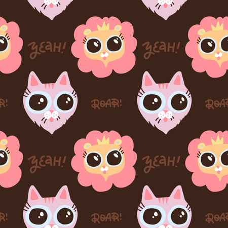 Muzzle of lion and cat. Seamless pattern with faces of animals. Decorative cute wallpaper, good for printing. Childish flat background vector. Design illustration with lettering roar, yeah.のイラスト素材
