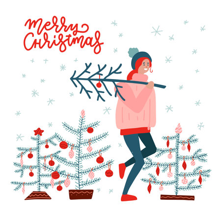 Girl Carrying a Christmas Tree. Merry Christmas and Happy New Year. People preparing for the new year. Greeting card scene. Vector flat hand drawn illustrationのイラスト素材