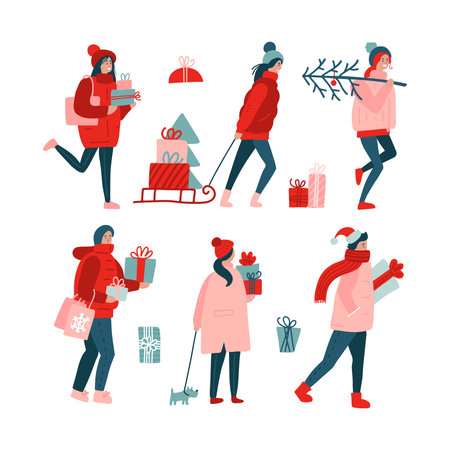 Set with isolated people in winter clothing holding many surprise gift boxes on sleigh and xmas tree isolated on white background. Hygge cozy flat hand drawn vector style.のイラスト素材