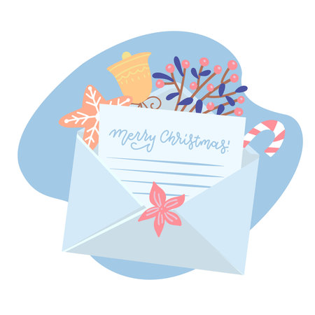 Christmas letter coming out of white envelope with gift box, gingerbread, cup and holly, bell, gingerbread . Paper with Xmas message. Vector flat illustrationのイラスト素材