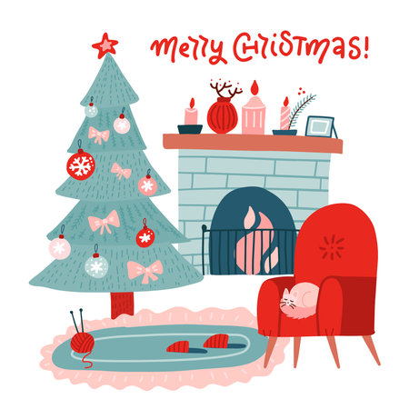Christmas fireplace room interior in colorful scandinavian flat style. Christmas tree, decoration, red armchair, fireplace. Cozy noel xmas night celebration interior vector illustration.のイラスト素材