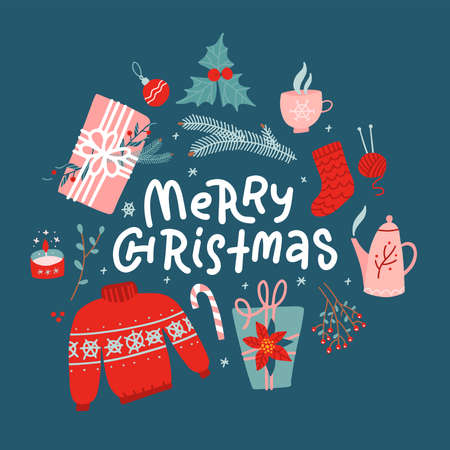Merry Christmas concept. New Year toys, gifts, sweater - top view and text. Postcard, banner, printed matter, greeting card. Flat vector design.のイラスト素材