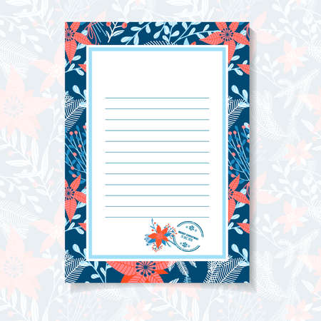 Christmas letter template with Botanical Floral Design of Holly Berries and poinsettia on dark blue Paper Sheet with Tree Branches . Vector flat Illustrationのイラスト素材