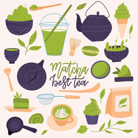 Many matcha tea products. Matcha powder, mochi, macarons, tea pot, bamboo spoon, tea leaves ets. Hand drawn flat set. Colored trendy textured hand drawn illustration. All elements are isolated.の写真素材