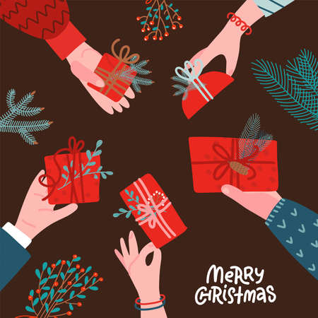 Many human hands giving present, for Christmas, anniversary theme and background. top view. Circle of hands decorated with floral branches.. Simple flat vector illustration.のイラスト素材