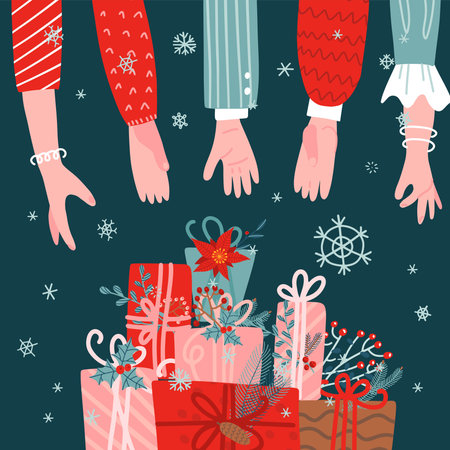 Many people hands reaching for the stack of gift boxes on green background. Christmas presents greeting card. Hand drawn flat vector illustration.のイラスト素材
