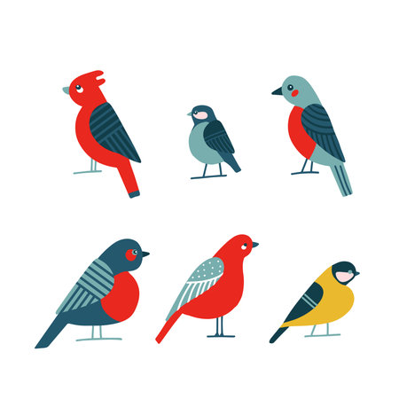 Birdwatching icon set. Red Northern cardinal, robin chickadee bird pose. Abstract flat cartoon flat vector. City park backyard birds sign. Minimalism simplicity design. Wildlife banner element.のイラスト素材