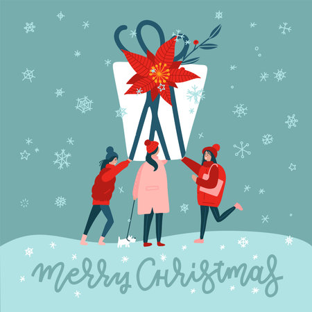 Square greeting card of tree women carrying a large gift box. Cristmas huge Present. Female Human characters outdoor. Flat vector illustration with lettering.のイラスト素材