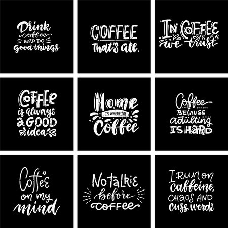 Set hand drawn coffee chalk lettering quotes on black chalkboard. Vector textured calligraphyのイラスト素材