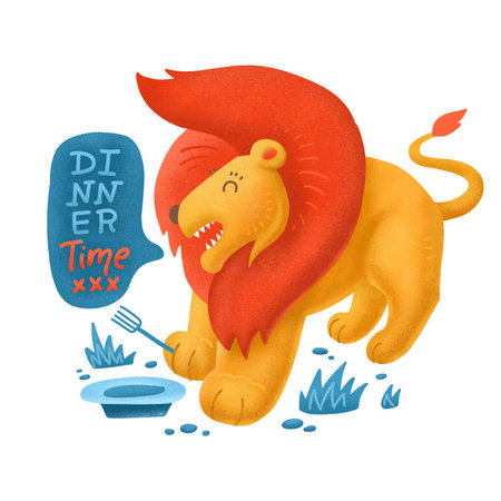Lion print with lettering. Poster design with wild animal and english text in bubble. Lion who...