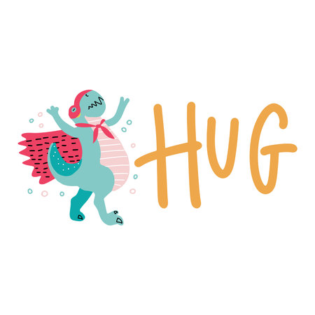 Sticker with lettering Hug and Cute dino super hero in cartoon style. Vector illustration. For print, web, nursery decor.のイラスト素材