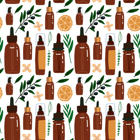 Seamless pattern in flat style with cosmetics packaging and plant element - orange, olive brances, flowers and herbal. Flat vector illustration.のイラスト素材