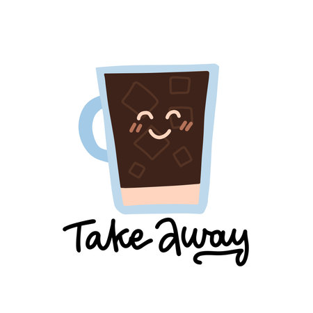 Cartoon comic coffee cup with cute kawaii face. Take coffee with you. Vector cartoon illustration with lettering quote - Take away. Coffee to go.のイラスト素材