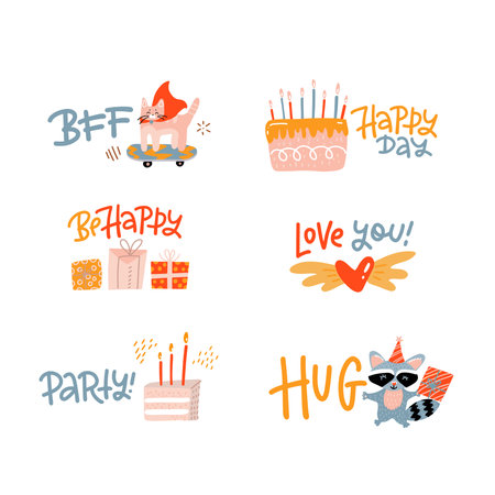 Inspiring social media stickers set. Greeting phrases flat vector illustrations pack. Motivating quotes with birthday elements collection. Bday wishing lettering - Happy day, BFF, party, Be happy.のイラスト素材