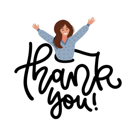 Happy young woman, girl with raised arms and lettering phrase thank you. Motivational quote be yourself. T-shirt card poster print design. Vector flat style color illustrationのイラスト素材