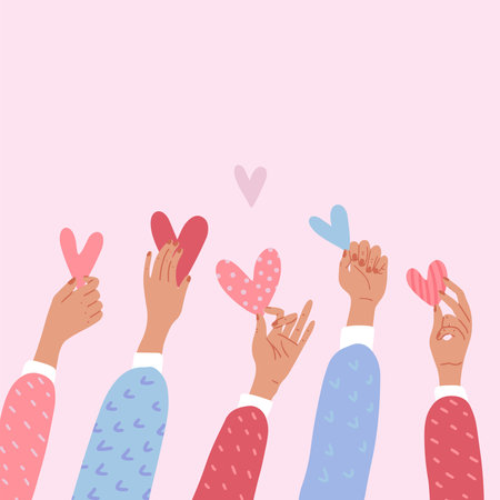 Male or female hands holding hearts. The concept of volunteering or love. St Valentine s banner. Flat vector cartoon illustration. Donations or voting poster or banner.