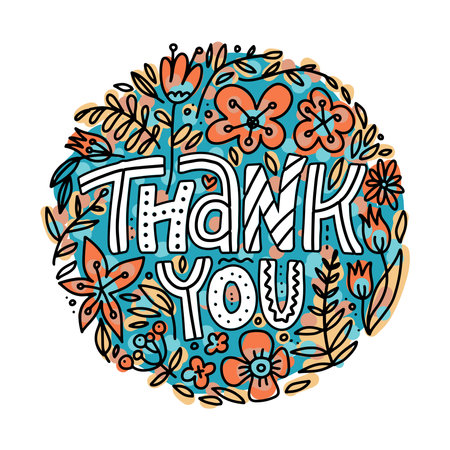 Hand lettering thank you lettering sticker or design element on white background - doodle vector illustration.のイラスト素材