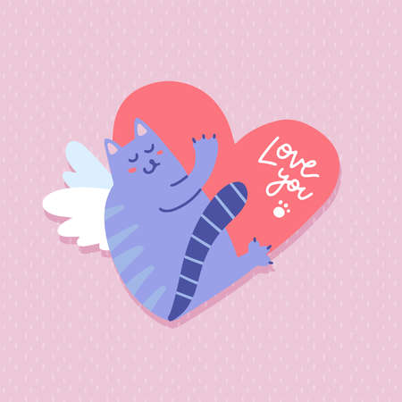 Happy Valentine s Day greeting card. Winged cat holding big red heart. Cute cartoon character. Funny...