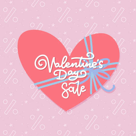 Valentine s day sale banner design template with big heart with bow and hand lettering calligraphy text. Vector logo and Illustration for sale tag or label. Flat vector banner. EPS 10のイラスト素材