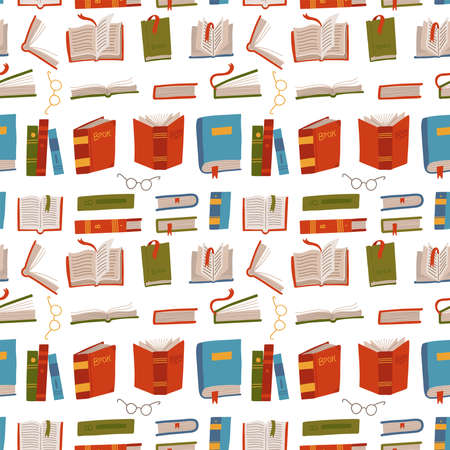 Different Colorful Books Seamless Pattern. Vector flat hand draw illustrationのイラスト素材