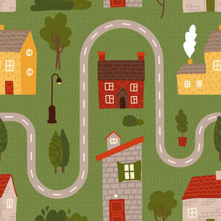 Seamless pattern - Cartoon road with house, tree for kids. Maze cartoon poster. You can use it to print on the carpet for the decor of the childrens room. Flat vector illustration.のイラスト素材