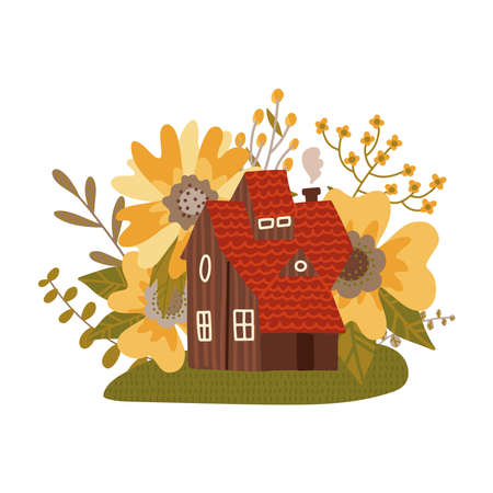 Fabulous red roof house with a small tower among the big summer flowers. Vector flat hand drawn illustration on white background.のイラスト素材