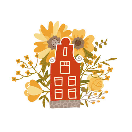 Netherlands traditional small house on the colorful big flowers background. Flat style vector illustration. Tour booklet cover, postcard design, souvenir card for tourist attractions.のイラスト素材