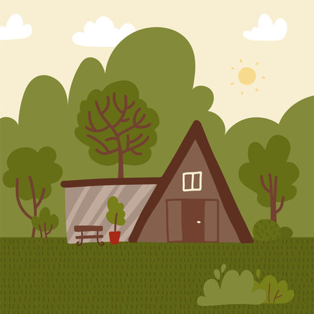 Eco-house among green trees . Architecture concept. Cartoon design of residential construction with glass terrace, forest in back yard. Wooden home for huntsman. Flat vector illustration.のイラスト素材