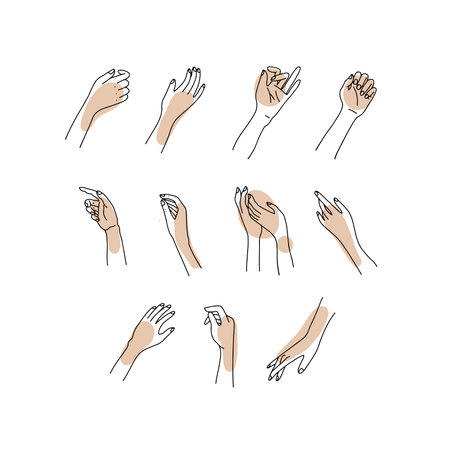 Linear Womans hand collection. Vector sketch Illustration of female hands of different gestures. Lineart in a trendy minimalist style. Line design, hand cream, nail Studio, posters, cards.のイラスト素材