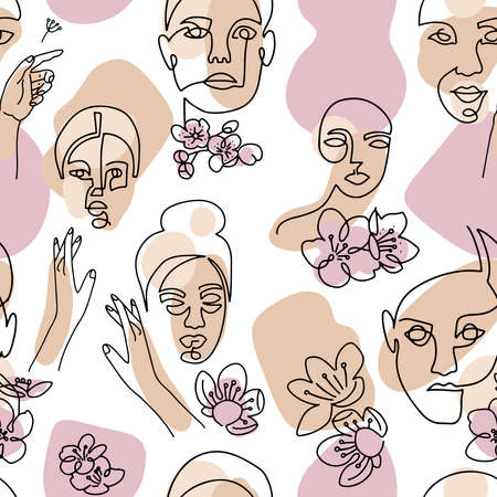 Abstract linear woman portrait seamless pattern. Female face one line drawing on minimal shapes and curved lines background. Women portraits with cherry blossom illustration for fashion designのイラスト素材