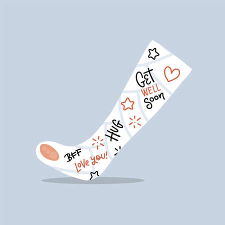 Broken leg cast with positive writings from friends and family. Love concept. Injured limb in gypsum plaster. Good get well soon wishes. Media glyph graphic icon. Flat vector illustration.のイラスト素材