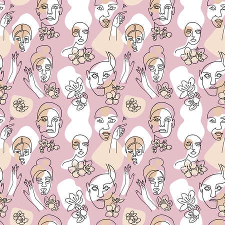 Seamless pattern with woman faces, cherry flowers and abstract shapes on light background. Flat linear vector illustration.のイラスト素材