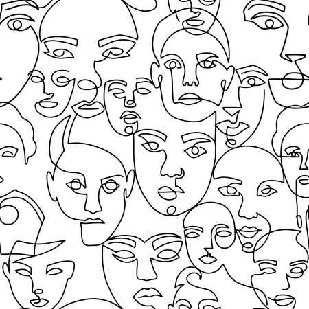 Line art seamless pattern with female portraits on a white background. One line style endless background. Suitable for prints on clothes and on textiles. Hand drawn minimalistic womans.のイラスト素材