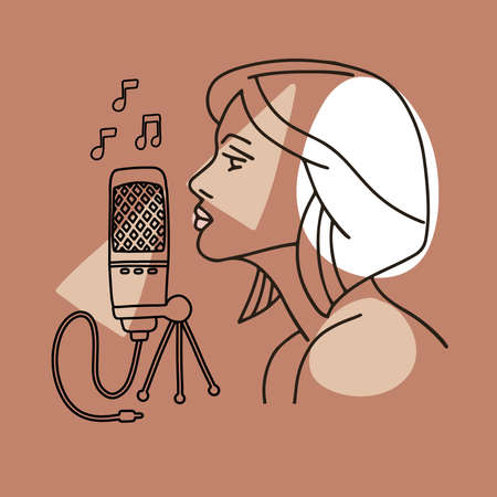 Linear trendy Illustration of a Girl Profile Silhouette singing to a Retro Microphone. woman Sings a Song. Abstract shapes with lines in pastel colors. Vector image for avatar.のイラスト素材