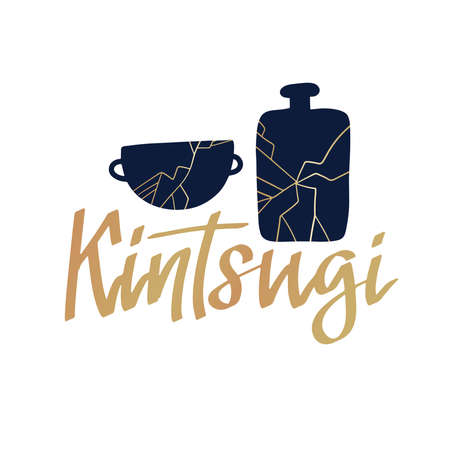 Silhouette of cracked bowl and botttle. Simple icon of Kintsugi with calligraphy text. Black illustration of gold repaired pottery. Flat isolated vector pictogram on white backgroundのイラスト素材