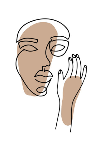 Line woman portrait, creative freehand composition in contemporary abstract style with face, hand and colorful geometric shapes. Linear illustration design for print, card, poster.のイラスト素材