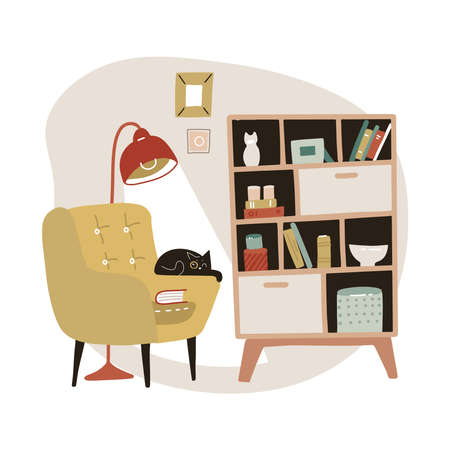 Yellow cozy armchair and book cabinet with bookshelves. Scandinavian home interior with cat. Vector flat hand drawn illustration.のイラスト素材