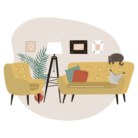 Cute minimalistic interior with mid century modern furniture and plants - yellow sofa, armchair , tripod floor lamp and palm. Trendy scandinavian hygge interior. Flat vector illustrationのイラスト素材