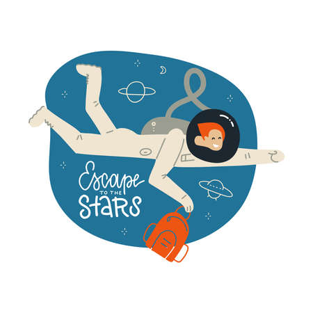 Astronaut exploring outer space. Comic Cosmonaut in spacesuit performing extravehicular activity or spacewalk against stars and planets Human spaceflight. Modern colorful vector illustration.のイラスト素材